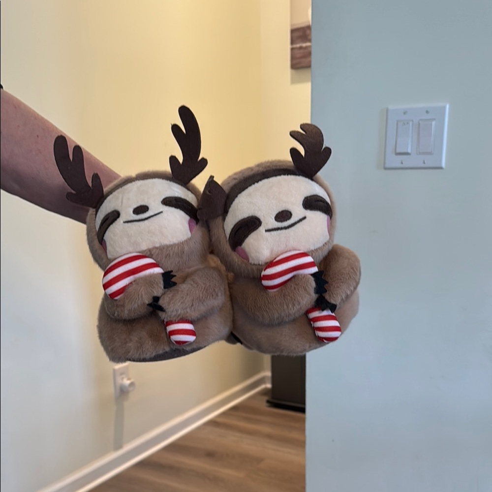 Aerie Cozy Sloth With Antlers Slippers Brown and Red
